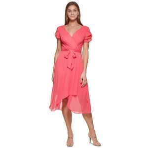 DKNY Women's Petite Ruffled-Sleeve Faux-Wrap Dress - Red 6P